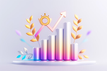 Poster - Illustration is a colorful and lively 3D growth chart featuring vibrant bars, an upward arrow, and decorative elements that symbolize and represent business success