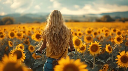 Wall Mural - Caucasian woman on a bicycle journey through the sunflower fields of Provence France