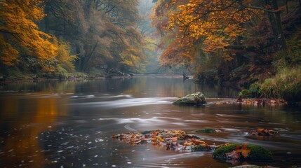 Serene autumn river amidst vibrant trees. Relaxing nature photo showcasing the beauty of fall. Ideal for peaceful, tranquil, and calming scenes.