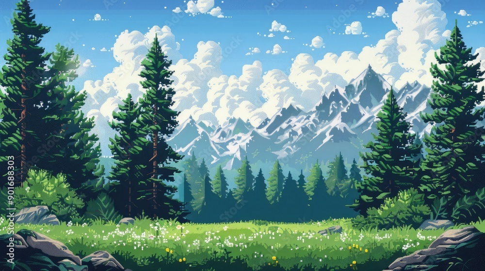 Lush pixel art landscape with towering trees and fluffy clouds, perfect ...