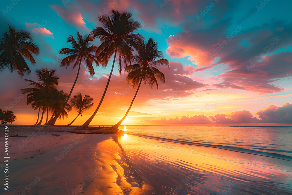 Vivid, colorful sunset casts its glow on a tropical island beach lined ...