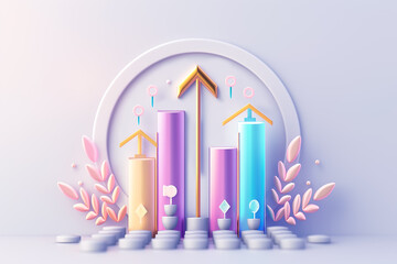 Poster - Modern 3D charts featuring vibrant colors and dynamic arrows effectively symbolize concepts of growth, success in the field of business analytics and reporting