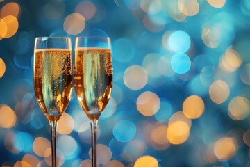 two champagne glasses on blue and gold glow particle abstract bokeh background