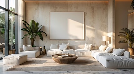 Poster - Large white mockup signboard in the lobby of a luxury hotel, with high-end decor and furnishings