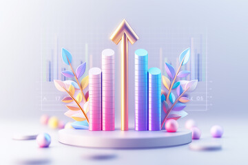 Poster - Vibrant and colorful financial growth chart that highlights a prominent trend arrow, further enhanced by beautiful floral elements