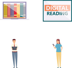 Poster - Digital reading icons set cartoon vector. People reading book in online library. Modern educational technology