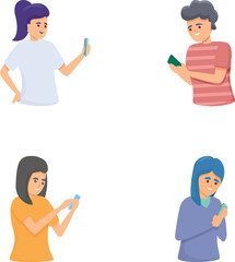 Poster - Phone user icons set cartoon vector. Young people looking at smartphone. Smartphone addiction