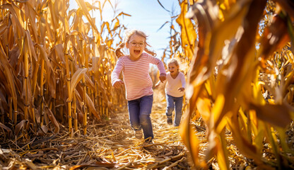 Happy children running through a corn maze in autumn 