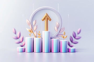 Poster - Stylish infographic uses colorful bars, lush foliage, and a prominent arrow to illustrate a strong upward trend, ideal for business themes and presentations