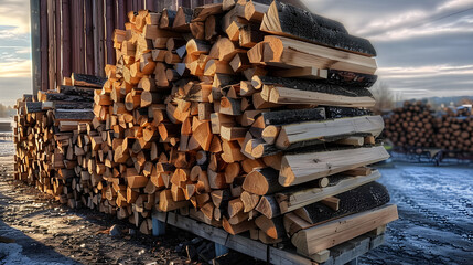 Wall Mural - Selling neatly stacked firewood Ready for a cozy fireplace and campfire. The newly cut logs are arranged in neat rows. Provides warmth and comfort on cold days.