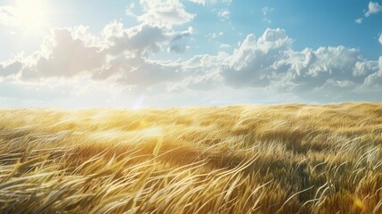 Wall Mural - A view of a wheat field in the wind with a sunny sky background