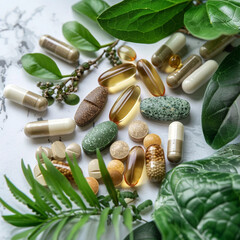 Various natural supplements on green leaves background.