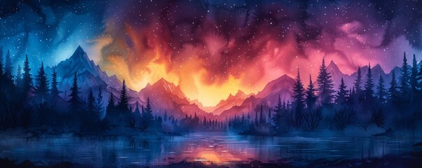 A painting of a mountain range with a bright orange sun in the sky