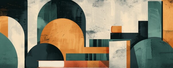 Poster - High-resolution abstract poster with geometric shapes in green, orange, and beige tones