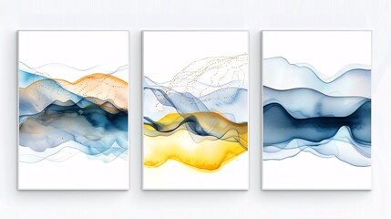 Poster - Three modern watercolor art posters with a continuous flow, seamlessly connected on a white background for a unified and refined appearance