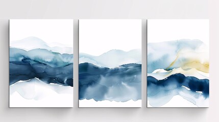 Fototapete - Three modern watercolor art posters with a continuous design, seamlessly connected on a white background for an elegant and artistic appearance