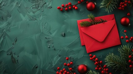 Sticker - Top view holiday celebration with red envelope and green background for greeting card