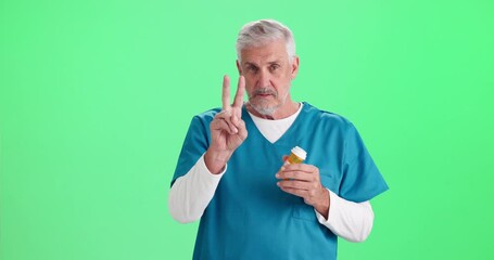 Poster - Green screen, face and nurse with pills for prescription, tablets container and medicine for diagnosis. Portrait, medical employee or senior man with supplements for instructions, advice or treatment