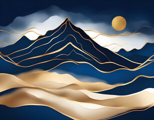 Wall Mural - Mountain and golden line arts background vector. Luxury desert landscape background with watercolor brush and gold line texture background