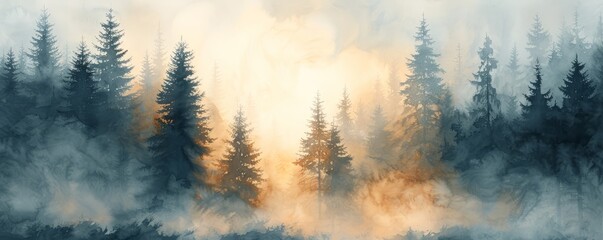 Poster - Abstract foggy forest with shafts of light in watercolor.