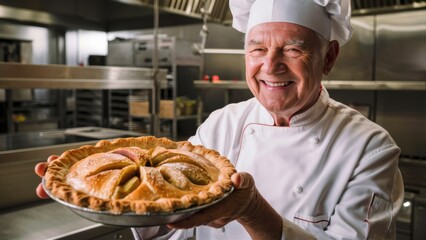 Wall Mural - A chef holding a pie in his hands smiling, AI