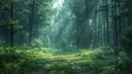Wall Mural - serene forest clearing bathed in soft morning light surrounded by lush greenery. generative ai