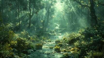 Wall Mural - serene forest landscape with sunlight filtering through trees near a gentle stream. generative ai