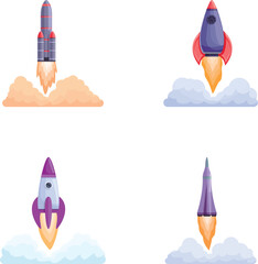 Poster - Space rocket icons set cartoon vector. Rocket launch and fire flame. Aviation and space