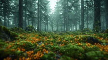Wall Mural - lush green forest floor covered with vibrant orange fungi in early morning fog. generative ai