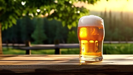 a glass of beer on the table background in nature, Generative AI