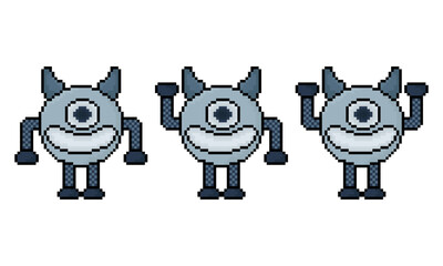 pixel robot with 3 different styles with outline with a cheerful face on a white background