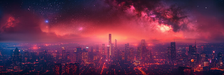 Wall Mural - a city skyline is lit up in the night sky with a purple hue