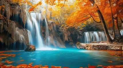 Poster - Tranquil Waterfall Cascading into a Blue Pool Surrounded by Vibrant Autumn Foliage