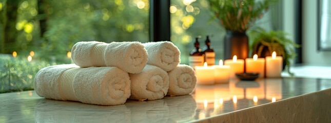 Poster - Spa Towels and Candles on a Marble Counter