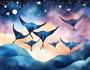 Wall Mural - Watercolor creative starry sky with a group of manta rays background