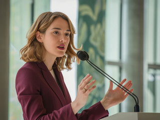 Poster - Young woman in a maroon suit speaking at a conference podium