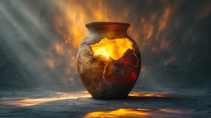 A broken clay vessel emitting a warm, glowing light from its cracks