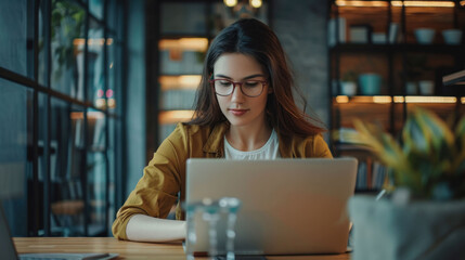 Poster - Woman working on her laptop in an industrial-style workspace