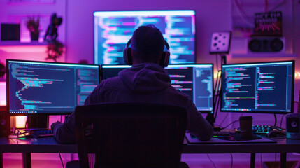 Aufkleber - Digital Maestro: Programmer Mastering Code Across Multiple Screens in Futuristic Office