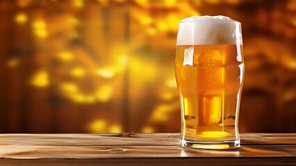 A glass of beer on the wooden table, a Yellow light background, Generative AI