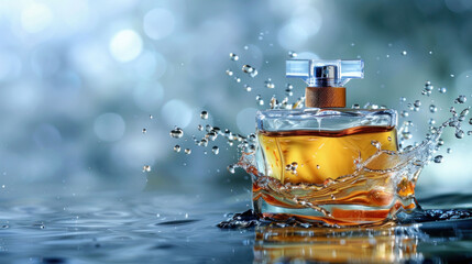 Fragrant Essence: Perfume Splash with Glistening Droplets on Isolated Studio Background