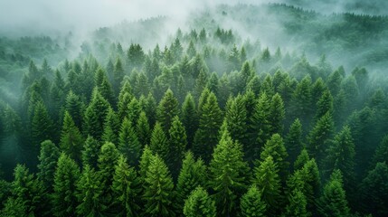 Wall Mural - lush evergreen forest under mysterious morning fog in the mountains of pacific northwest. generative