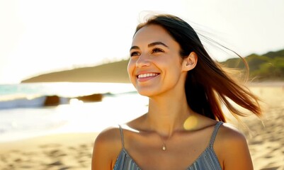 Sticker - Portrait of a beautiful young woman on the beach at sunset.