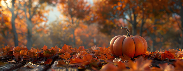 Poster - Seasonal Banner with Pumpkin and Autumn Leaves in a Natural Environment. Thanksgiving concept with copy-space.