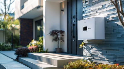 Poster - A white steel delivery box is installed next to the entrance of a newly built house, newly built, newly developed residential area, close-up of the entrance. Generative AI.
