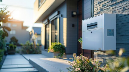 Poster - A white steel delivery box is installed next to the entrance of a newly built house, newly built, newly developed residential area, close-up of the entrance. Generative AI.