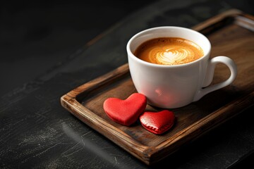 Wall Mural - A cup of frothy coffee on a tray with heart-shaped chocolates and coffee beans.