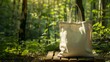 © Lull - Eco-friendly tote bag in nature. A blank reusable shopping bag sits in a sunny forest, promoting sustainability and environmental awareness. Perfect for eco-conscious designs.