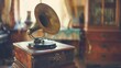 © ENJOINZ - Generate an image of an old-fashioned gramophone in a cozy room, with elegant, flowing sound waves emanating from the horn, wrapping around the room's warm and inviting atmosphere