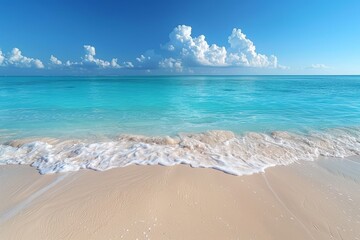 Wall Mural - Stunning beach scene with a golden sunset over the ocean, gentle waves, and a clear blue sky.